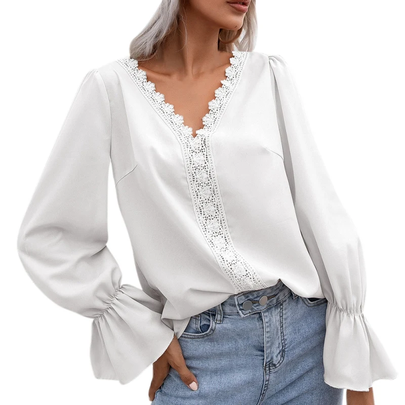 

Summer Women Shirts Lace Patchwork Hollow Out V Neck Long Sleeve Solid Pullover Top