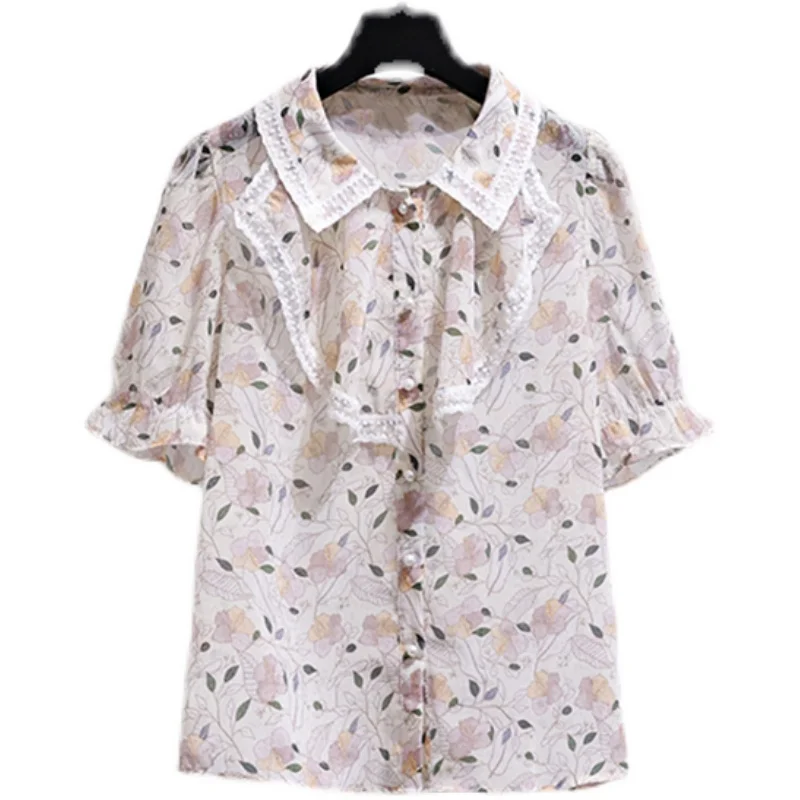 

summer new fashion pleat turn-down collar two-piece sets outfit floral chiffon flare short sleeve women's clothing female