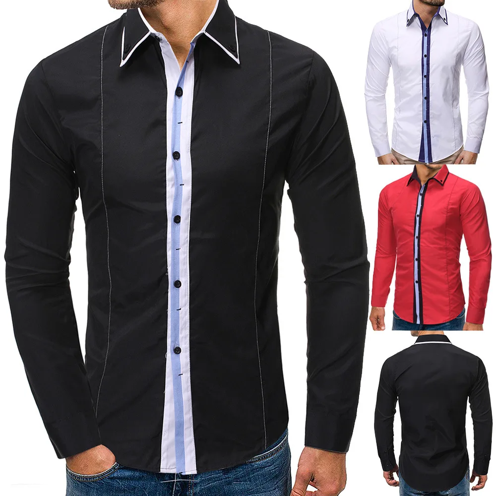 Mens brand new creative personality casual fashion business long sleeve stitching shirt mens dress shirts black | Мужская одежда