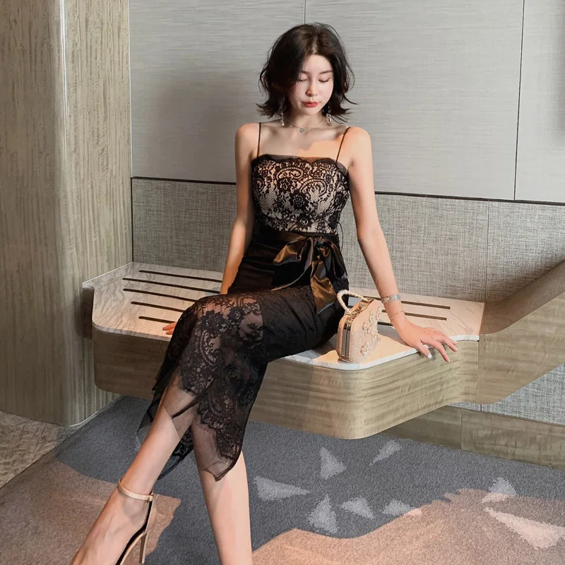 Сексуальное платье 2020 новое женское слово воротник без Бретелек Кружевное Bodycon