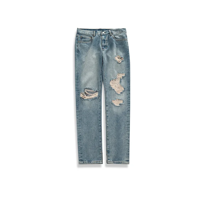 

New Autumn and Winter High Street Wash Water Make Old Cut Mouth Damage Trousers Men and Women Jeans Tide