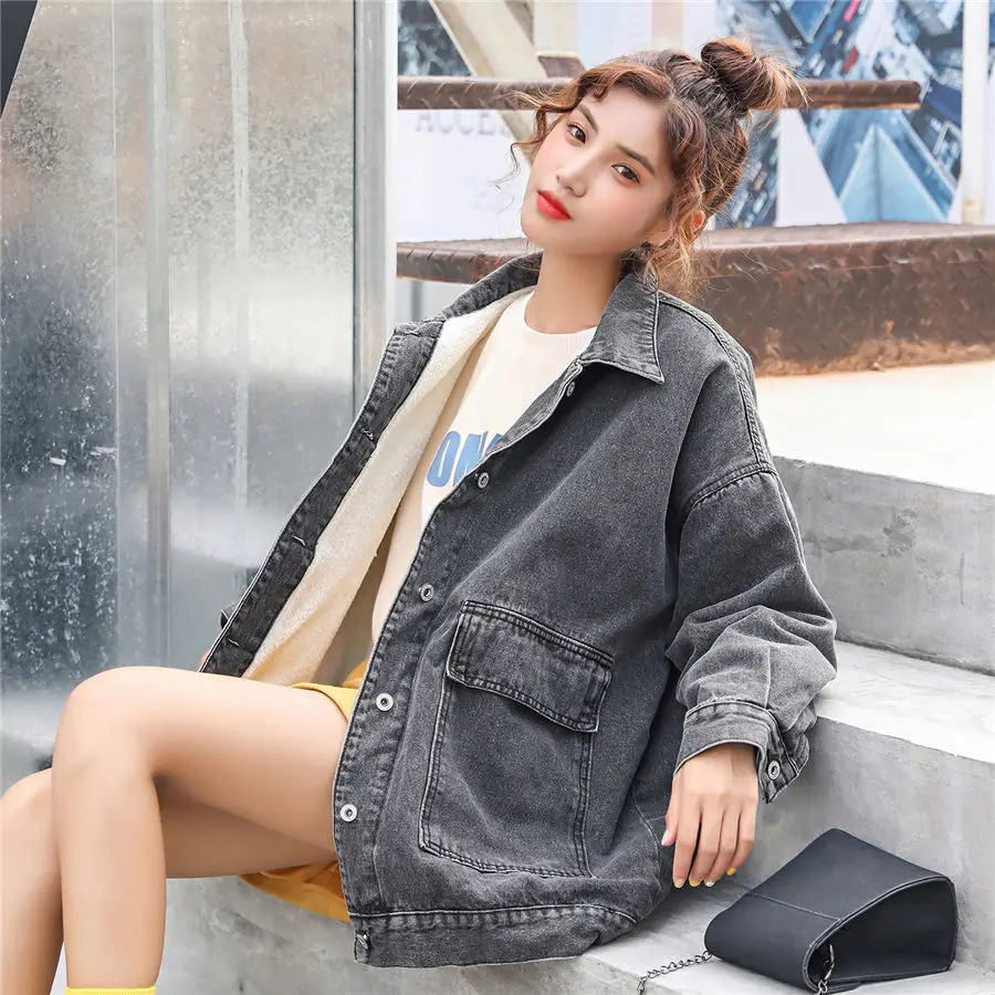 

Lamb wool denim jacket women's new loose Plush thickened jacket winter 2020 Streetwear Regular Solid jean jackets