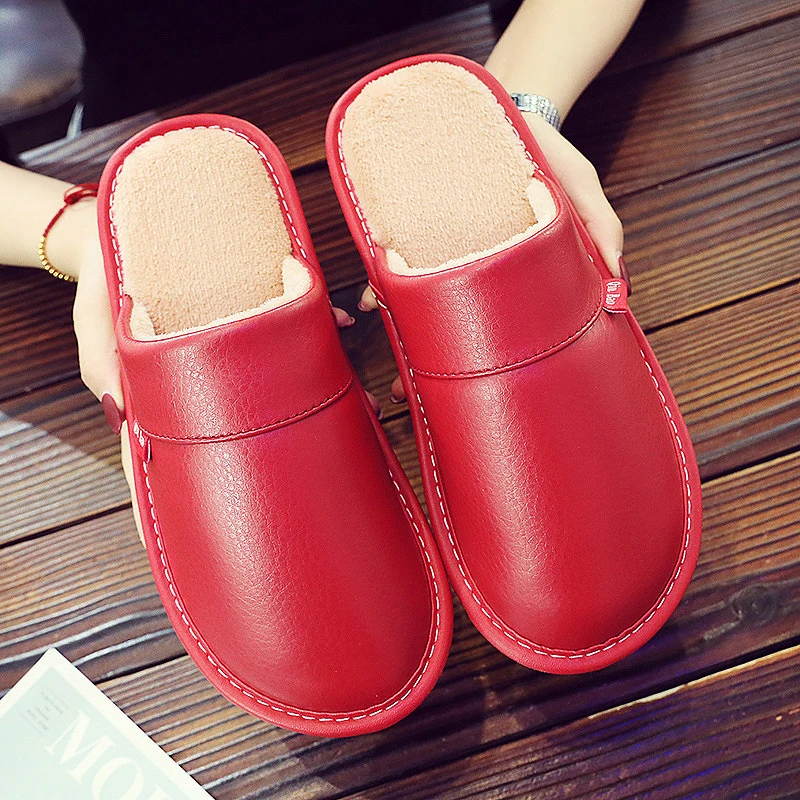 Women's Slippers home shoes 2020 New Winter Ladies Non Slip PU Leather Indoor Slippers for woman Windproof Designer family