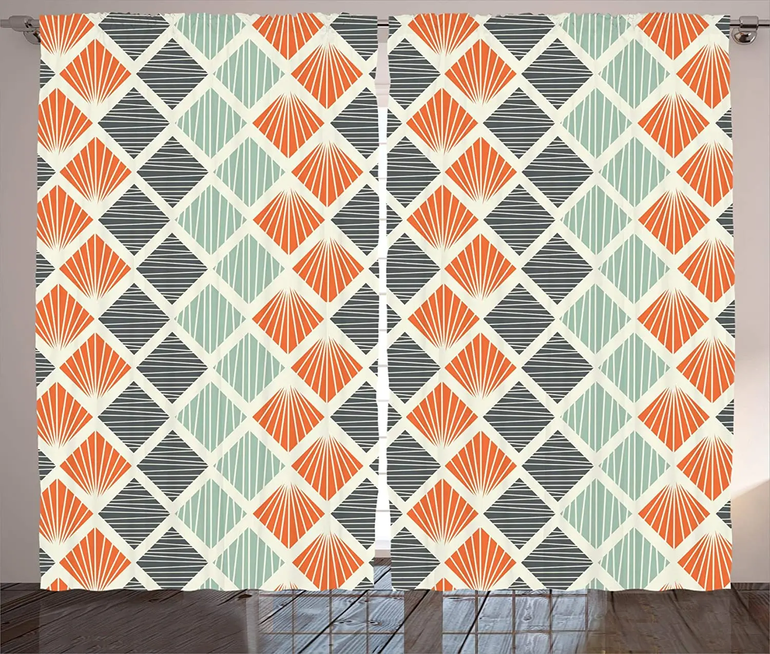 

Geometric Curtains for Living Room Pop Style Retro Rhombus Fractal with Stripes Nostalgic Graphic Print Window Drapes