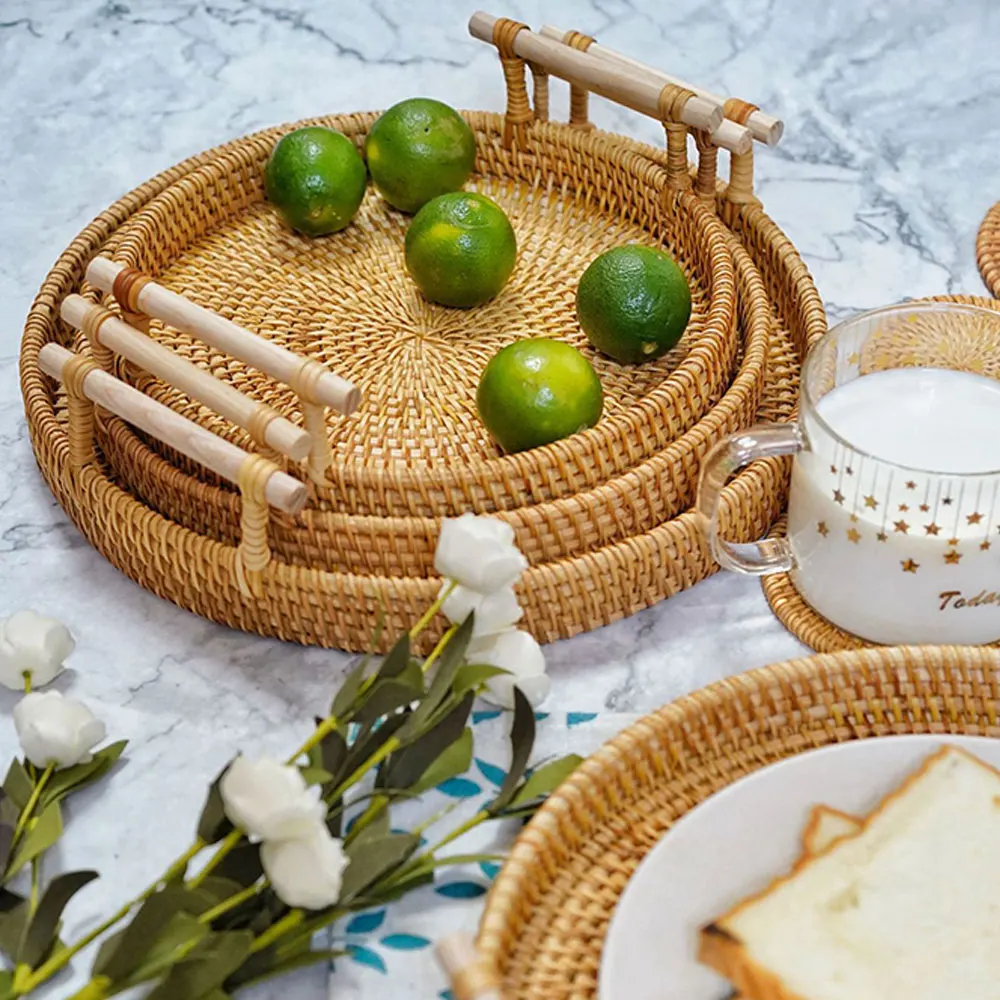 

Handwoven Round Rattan Storage Basket Serving Tray Food Storage Plate With Wooden Handles Wicker Basket Wooden Tray Bread Fruit