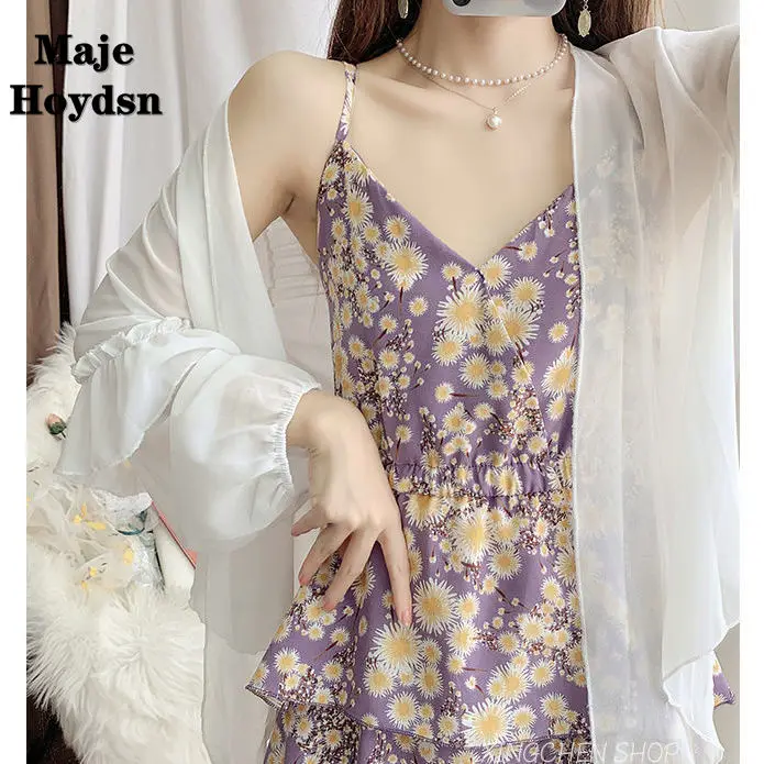 

Maje Hoydsn Sunscreen Clothes Long Sleeve Chiffon Shirt Suspender Skirt Floral Dress Women's Summer Style Age Fashion Two Piece