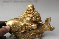 china buddhism brass yuanbao money happy laugh maitreya buddha ride fish statue