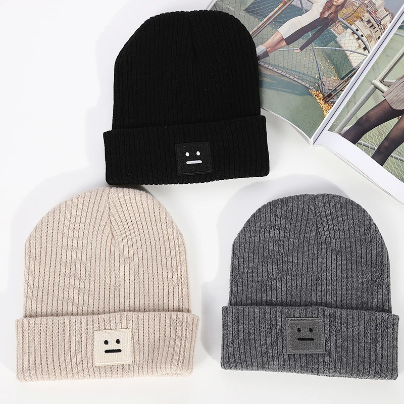 

Embroidery Square Smile Winter Knit Hats Beanie Casual Thick Solid Color For Women Unisex Pattern Knitted Hip hop Hat Male Femal