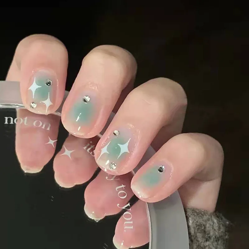 

24pcs Square Head False Nail Tip Flashing Star Design Artificial Fake Nails with Glue Press On Nails DIY Nail Art Manicure Tools