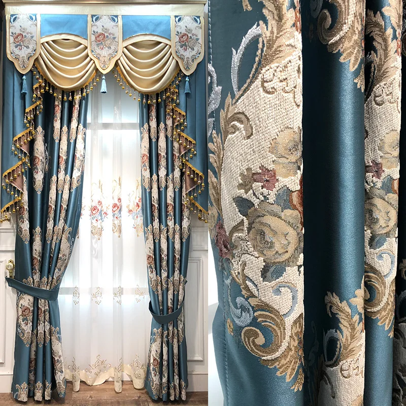 

Mid-to-high-end European Style Semi-shading Jacquard Embroidered Fabric Finished Floor Curtains for Living Dining Room Bedroom