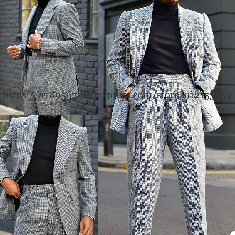 Men's 2-Piece Herringbone Business Jacket Wedding Tuxedo Slim Fit suit Blazer + Pants costume homme