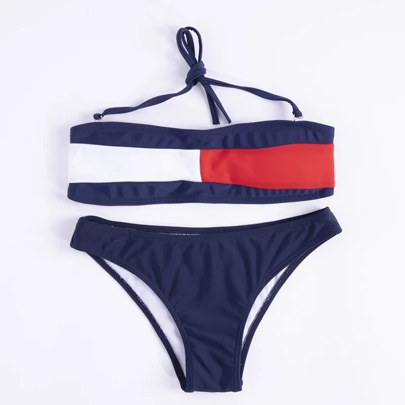 2021 new European and American swimwear women's split sexy low waist pants color matching tube top hanging neck bikini swimsuit