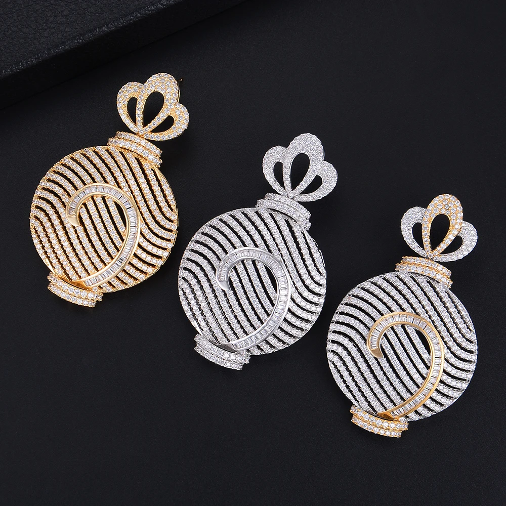 

KellyBola Trendy Flower Pierced Lantern Hollow Shape Pendant Three Colors Cubic Zirconia Dangle Drop Earrings For Women Girls