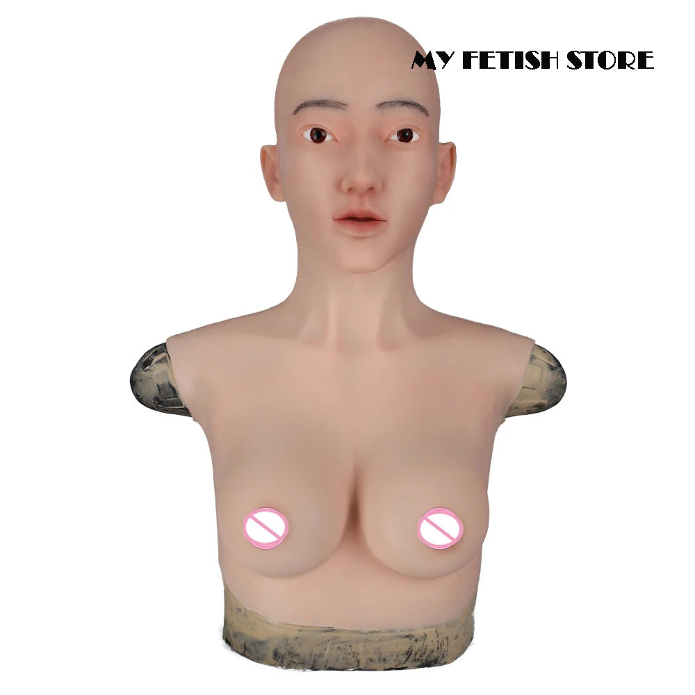 (Christin-1G)Crossdress Full Head Realistic Silicone Girl Female Disguise Party Cosplay Transgender Mask With C Cup Breast Torso