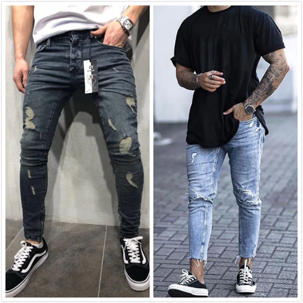 Эх · МД®Рваные джинсы, Мужские зауженные брюки стрейч, светло-голубые и светильник-зеленые, на молнии, по индивидуальному заказу от AliExpress WW