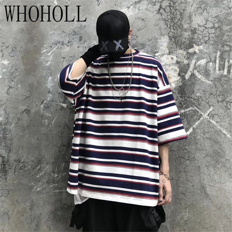 

Striped Contrast Short Sleeve T-Shirt Men's Trendy Summer Street Hip Hop Loose Retro Couple Tops Personality Cotton Half Sleeve