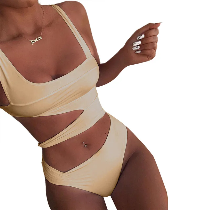 Белый полый купальник цельный сексуальный Однотонный женский монокини высокая