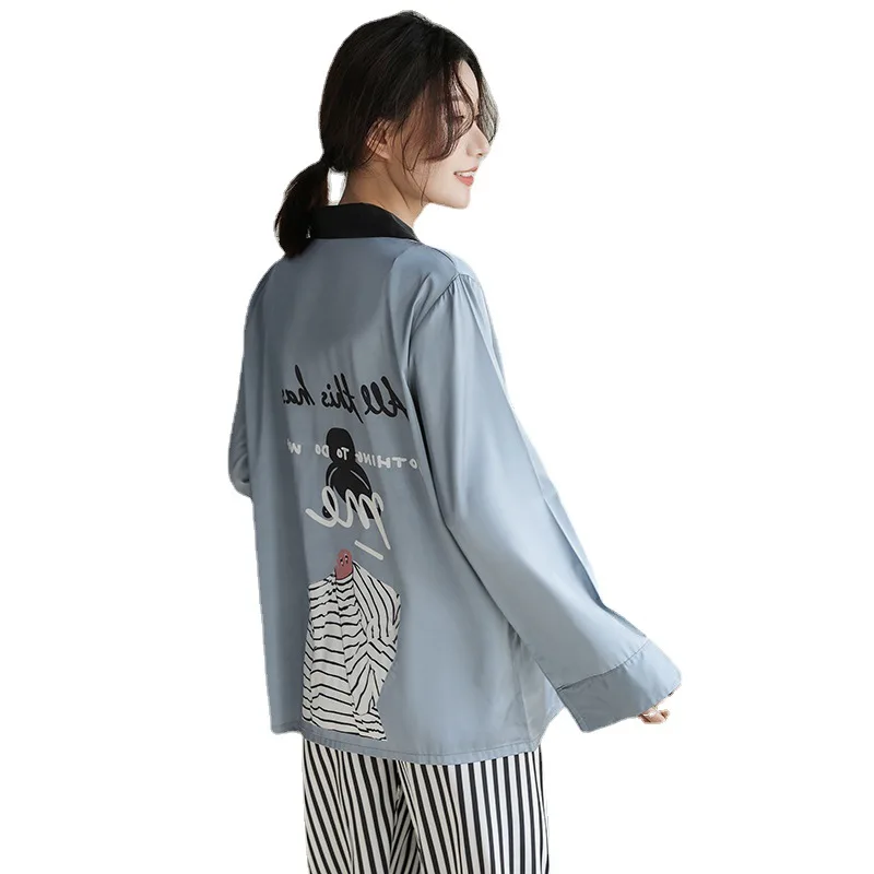 

2PCS Shirt&StripePant Women Pajamas Set Sexy Turn-down Collar Pocket Pyjamas Suit Sleepwear Spring New Loungewear Home Nightwear