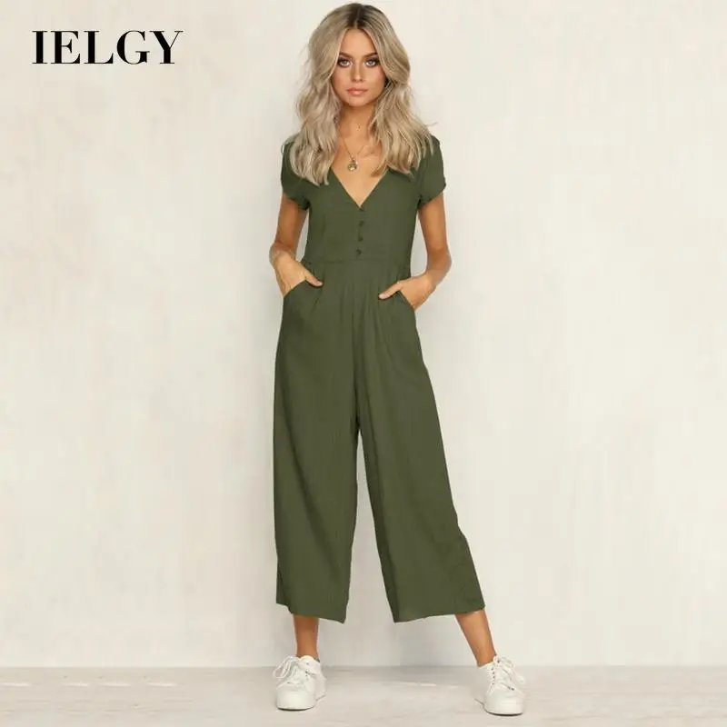

IELGY solid color V-neck fashion casual button jumpsuit