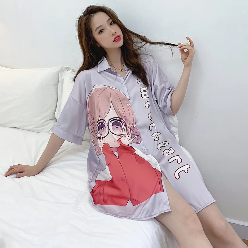 

Cute Girl Print Sleep Shirt Summer Loose Nightgown Women Satin Nightdress Female Casual Sleepwear Short Sleeve Home Clothes