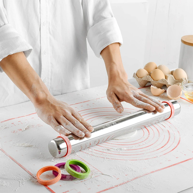 Adjustable Stainless Steel 304 Rolling Pin Dough Mat Dough Roller 4 Removable Thickness Rings for Cake Pizza Pastry Baking Tools
