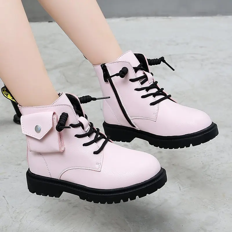 

Leather Boots Autumn Children's Fashion Boots Waterproof Side Tether Kids Ankle Booties For Girl Casual Martin Shoes Women 2021