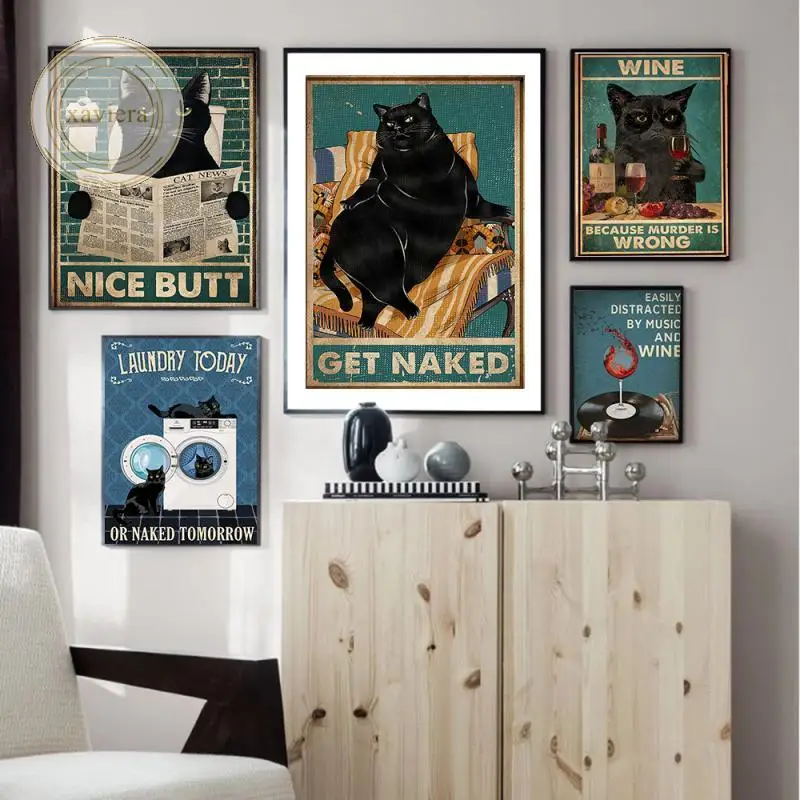 

Modern Cartoon Black Cat Poster Nordic Art Retro Canvas Painting Funny Bathroom Sign Picture On The Wall Home Decoration Toilet
