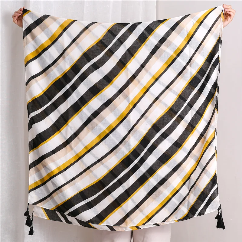 Мода полосатый принт хиджаб шарф с кисточками женские шарфы шали мусульманский