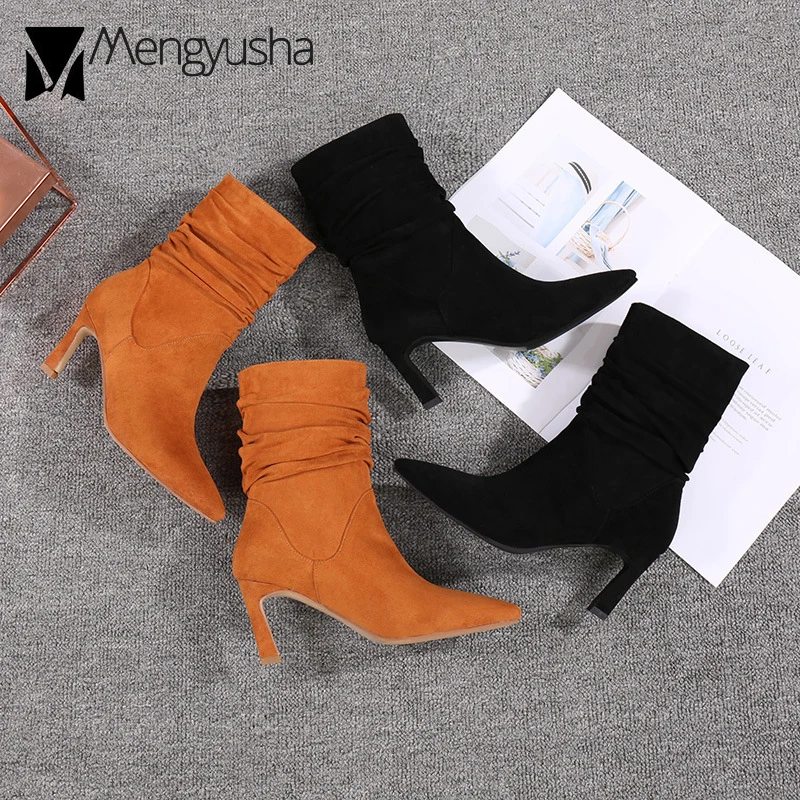 Плиссированные мотоциклетные ботинки из флока коричневые бархатные удобные