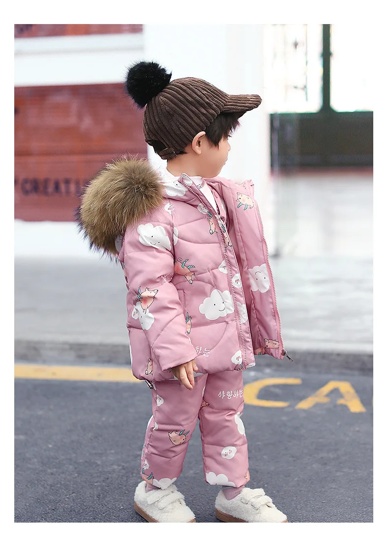 Winter children's down suit Girls pink snow suit Boy ski down suit Baby windproof down jacket+ thick Keep warm down pants