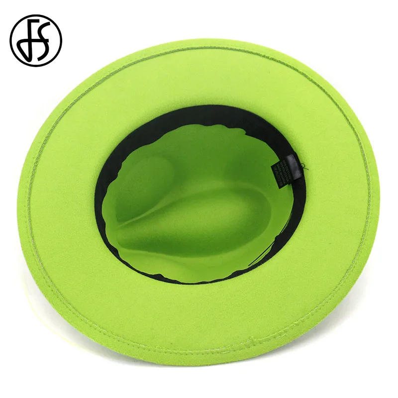 

FS Green Yellow Wide Brim Church Derby Top Hat Panama Solid Color Fedora Hat for Men Women Autumn Winter Wool Felt Jazz Cap