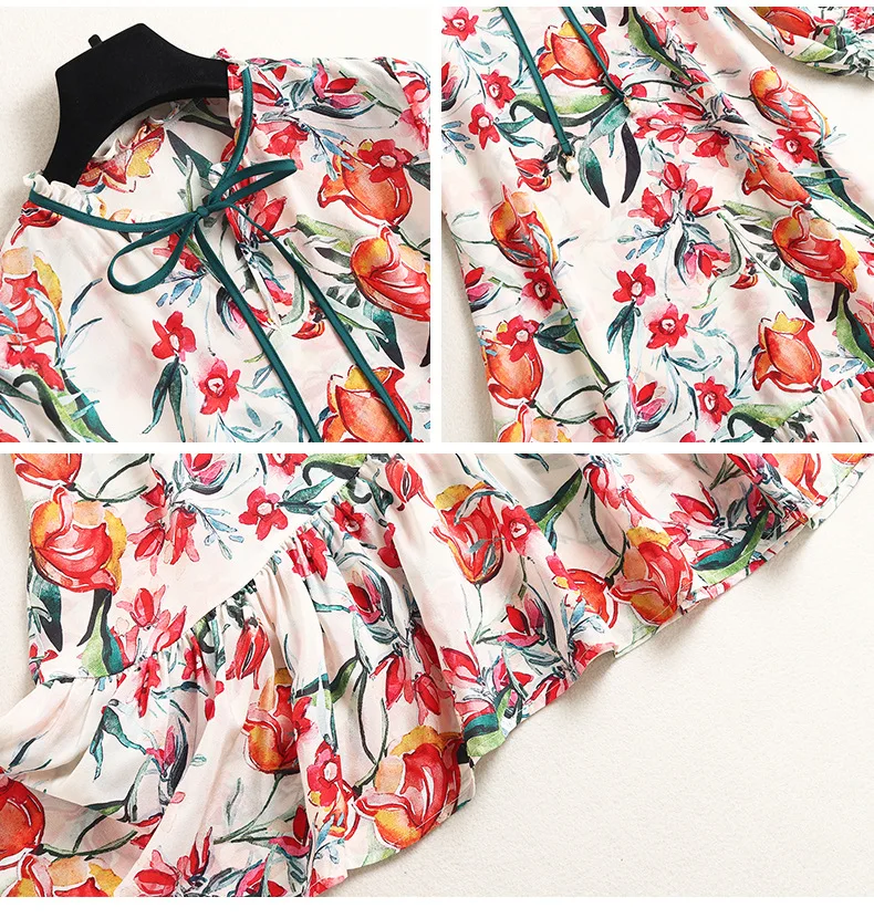

100% Natural Silk Women's Dresses O Neck 3/4 Sleeves Floral Printed Lace Up Fashion Summer Dress
