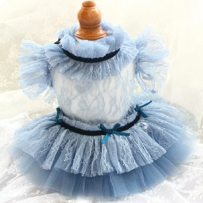 Free Shipping Handmade Dog Dress Pet Clothes Sexy Higher-Ups Senior Haze Blue Hollow Out Bud Silk Soft Yarn Princess Cat Tutu | Дом и сад
