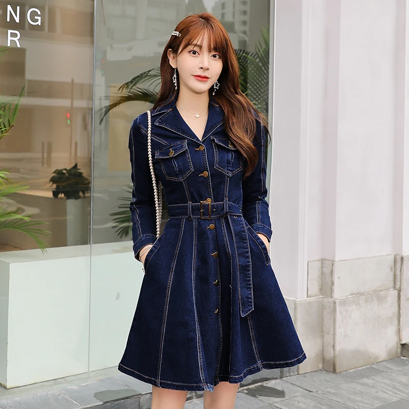 

Женское джинсовое платье с длинным рукавом и поясом, джинсовое платье с широкой юбкой и пуговицами спереди, новинка 2021
