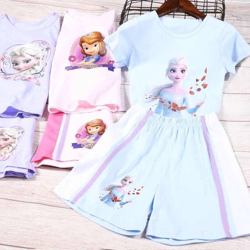 Summer Cartoon Frozen Anna Elsa Sofia Baby Girls Clothes Sets Short Sleeve T Shirt+Pant Shorts 2Pcs Set Kids Clothing Sport Suit