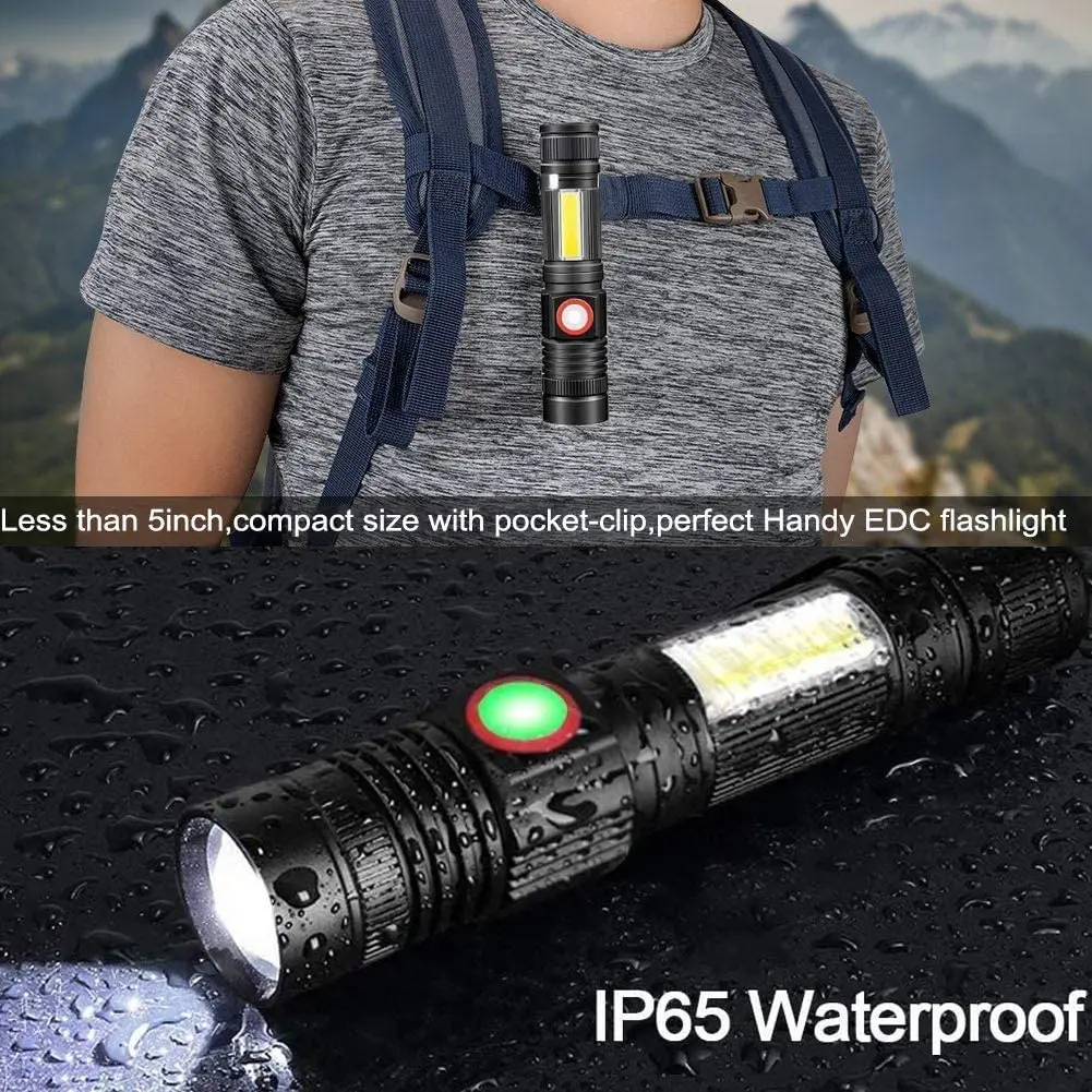 

30000LM Flashlight Magnetic Super Bright LED Torch USB Rechargeable with COB Sidelight a pocket clip Zoomable for Camping