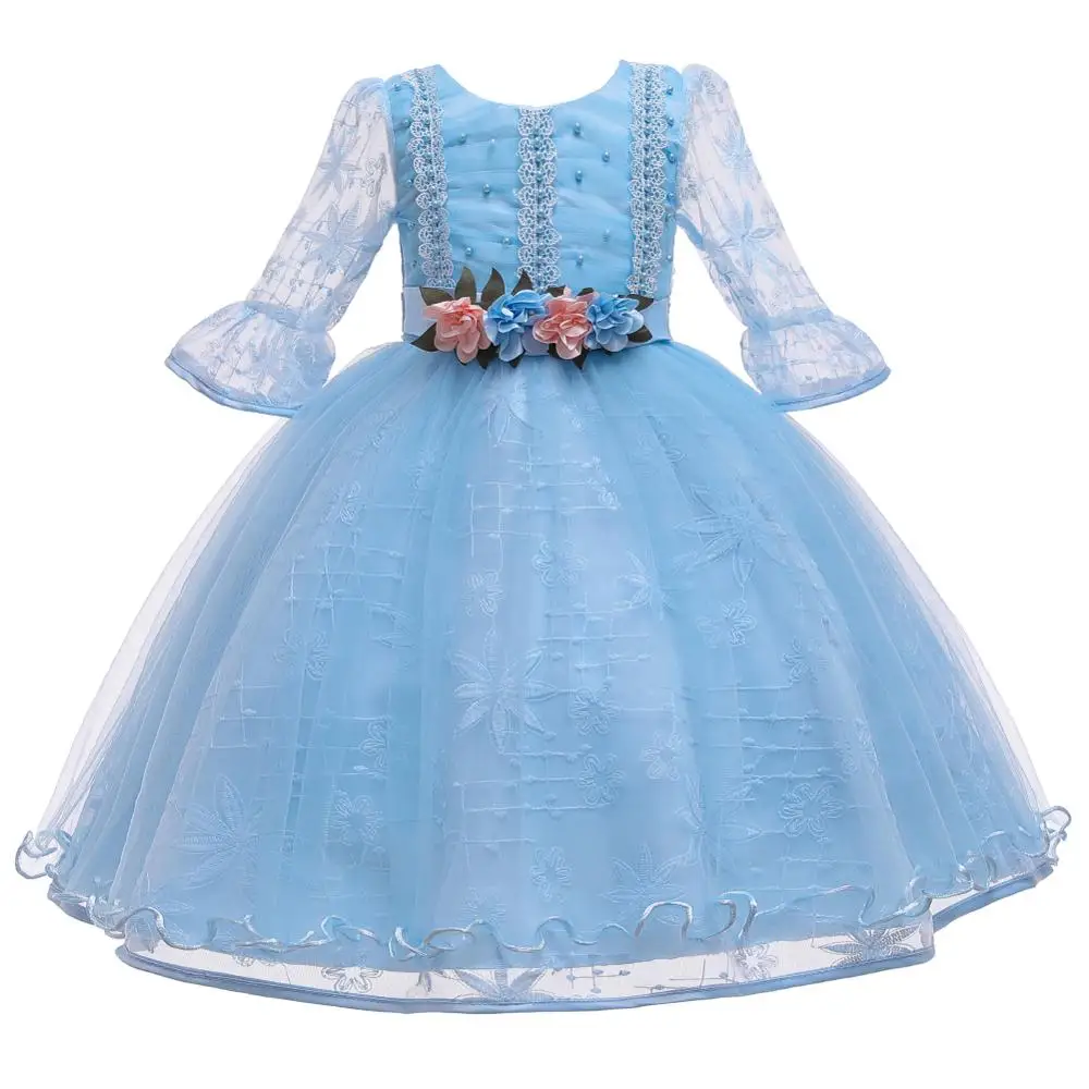 Light blue Осеннее хлопковое кружевное платье с короткими рукавами для девочек милая детская одежда принцессы с цветочной вышивкой вечерние бальные платья - Цвет: Light blue
