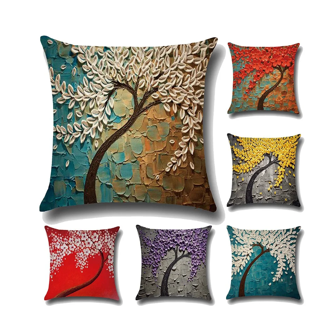 

New European Style Three-dimensional Painting Fortune Flower Tree Cotton Linen Cushion Cover Pillowcase Car Waist Pillowcases