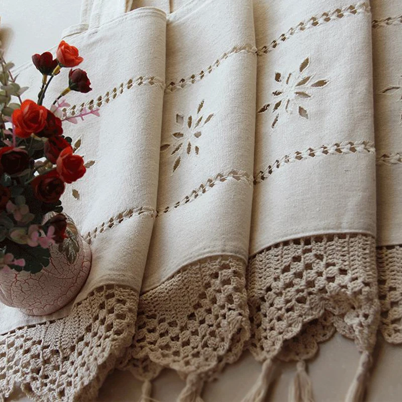 New 1PC Cotton Linen Half-curtain Handmade Tassel Embroideried Floral Kitchen Curtains Pastoral Short Panel Curtain for Cafe |