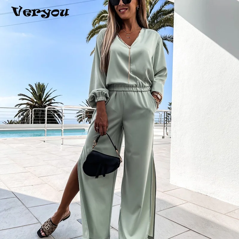 

Elegant Women Solid Two Piece Sets 2021 Spring Summer Fashion V-Neck Tops And Split Wide Leg Pants Set Office Lady Loose Outfits