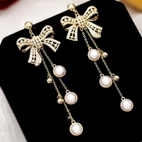 huami french style bowknot earrings tassel baroque inlay pearl earrings silver color needle women jewelry vintage charms mujer