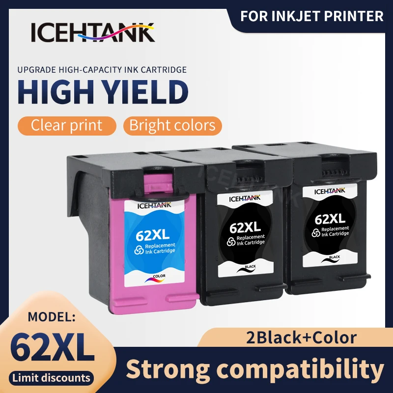Icehtank Compatible 62 XL Ink Cartridges for HP 62 Work with HP Officejet 250 Envy 5544 5540 5545 5546 5640 5642 5665 5742 7640