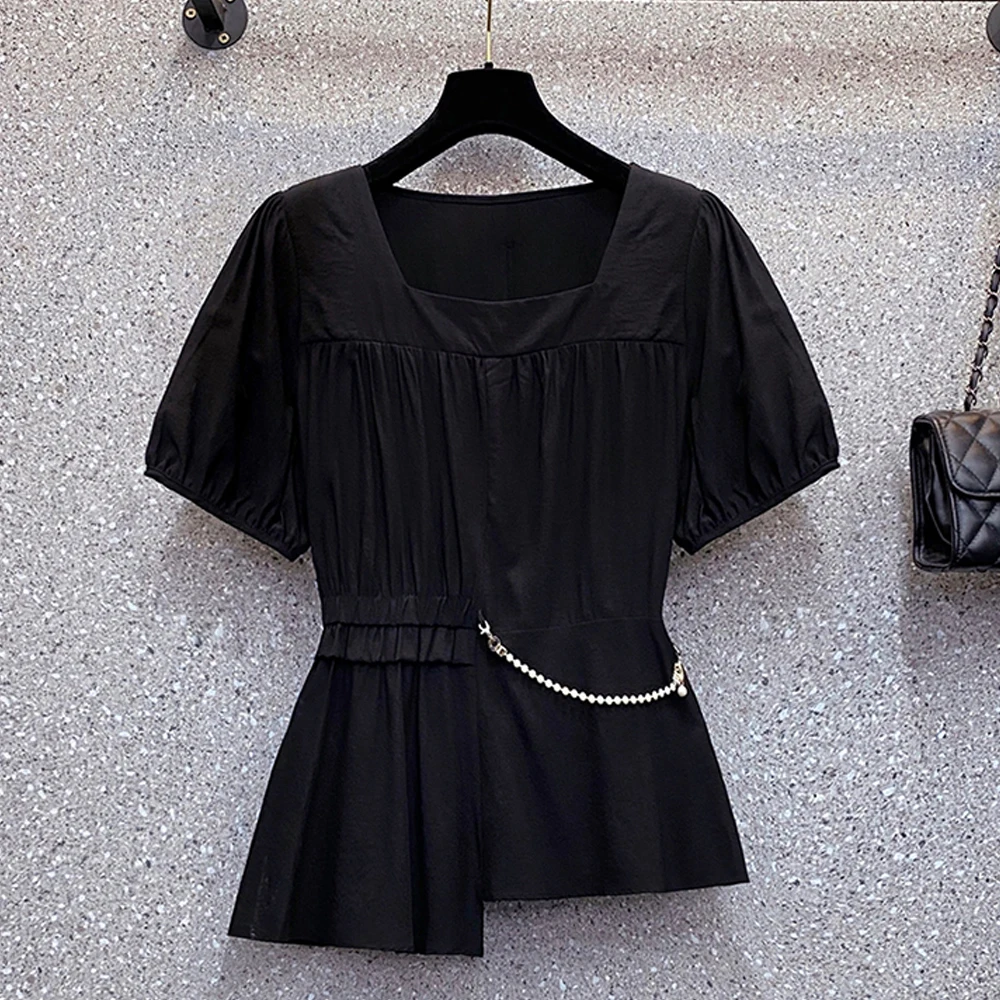 

Plus Size Women Shirts Blouses 2021 Summer Patchwork Ruffles Short Sleeve Loose Casual Shirt Tops
