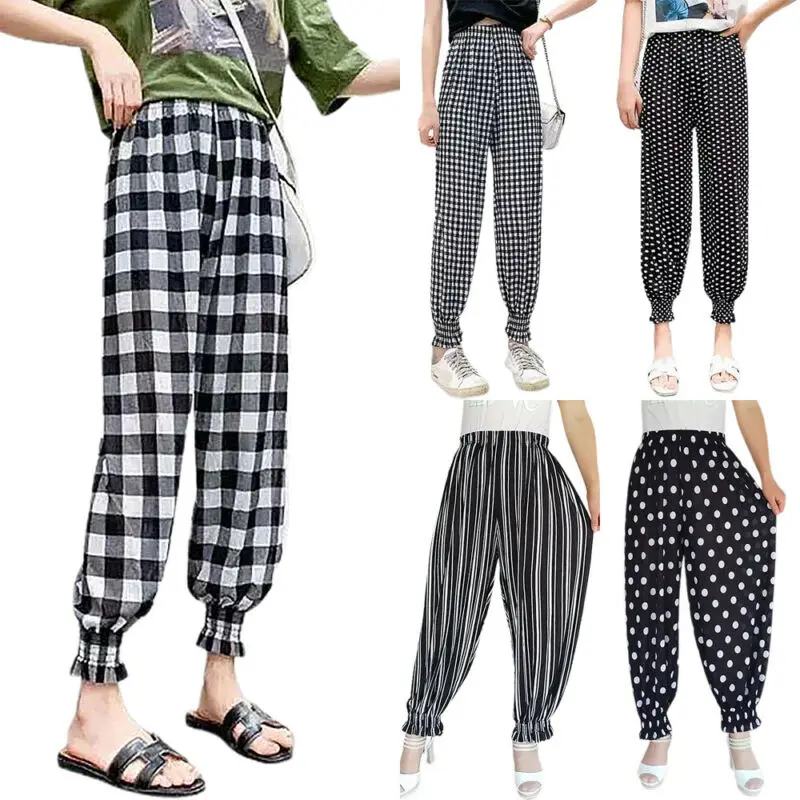 

Womens Ladies Dots / Stripes / Plaid Elastic Waist Pants Loose Baggy Trousers