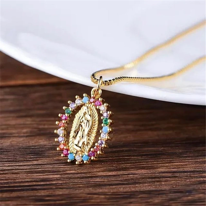 

Rainbow Virgin Mary Pendants For Women DIY Necklace Accessories Supplies Crystal Zircon Jewelry Making virgen de guadalup