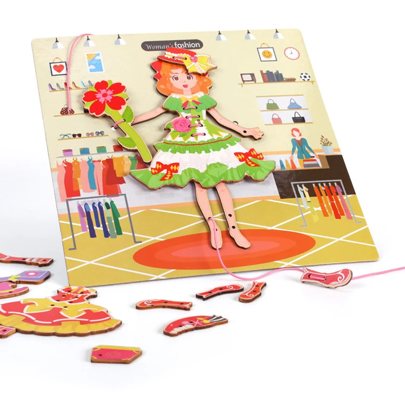 

Children Men And Women Dressing And Threading Puzzle Jigsaw uzzle Hand-Eye Coordination Puzzle Wooden Toy Gift