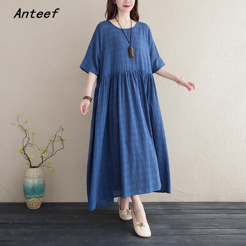 

Женское винтажное платье в клетку с коротким рукавом, повседневное Свободное длинное летнее платье, элегантная одежда, 2021 Сарафан