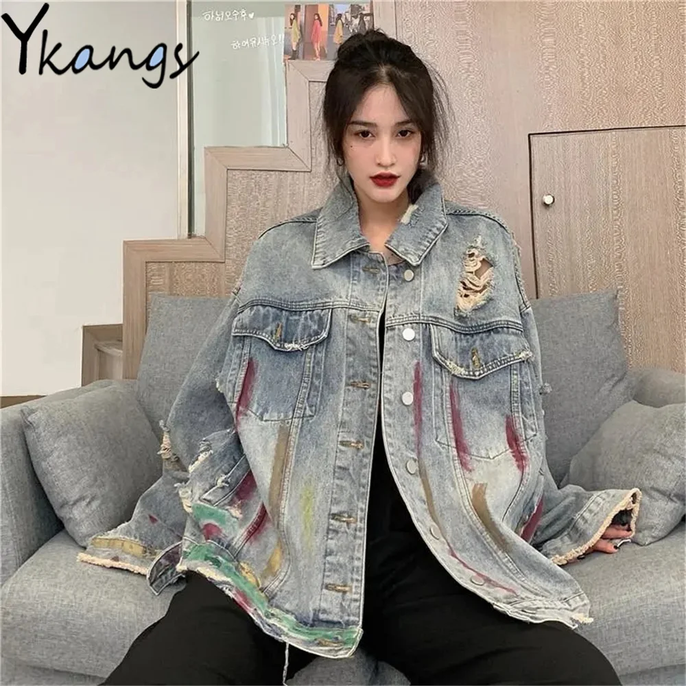 

Irregular Graffiti Design Print Ripped Hole Jean Jackets Gothic High Street Punk Hip Hop Women Denim Coat Harajuku Outwear Top