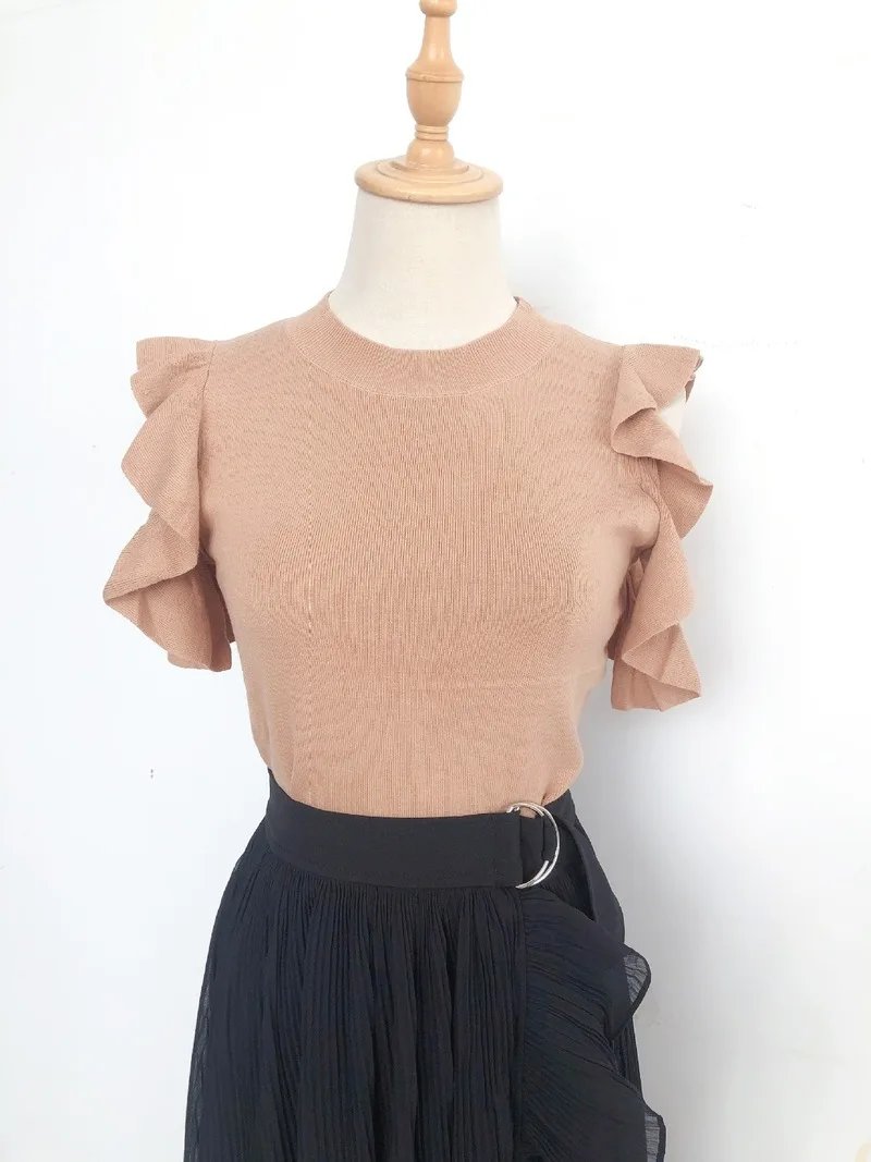 

Ruffles Shoulder Strapless Pullovers Elegant O-Neck Knit Sweater Spring Summer Chic Fashion Solid Bottoming Woman Tshirts