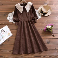 s xl spring fashion new style ladies literary corduroy dress doll collar a shaped lace up waist pullover long skirt with buttons